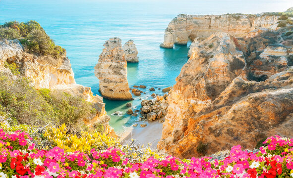 Algarve, Portugal -  Panoramic view of cliffs in the beautiful Marinha beach - Summer vacation travel