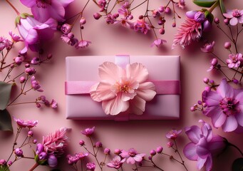 pink flowers  and gift box composition wallpaper