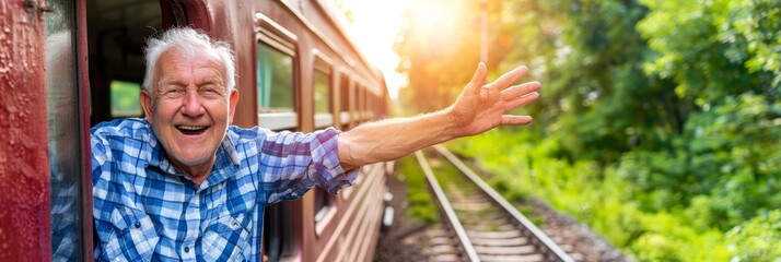 Happy elderly person joyfully gazing at the landscape while looking through train window