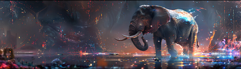 Transport spectators to an alternate reality where a robotic elephant trumpets proudly against a backdrop of shimmering