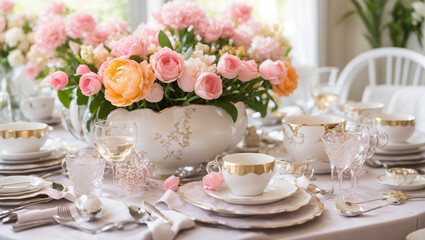 A table set with pink flowers, plates, and silverware.

