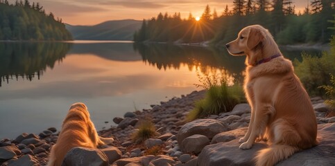 Large Brown Dog Relaxing by Campfire on Spring Evening. pet-friendly campgrounds, camping with dogs. Dog camping at campsites that allow pets