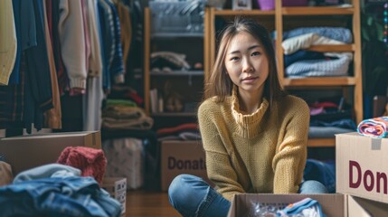 Fototapeta premium Asian woman selecting and packing items for donation. 