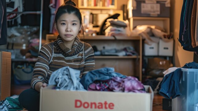 Asian woman selecting and packing items for donation. 