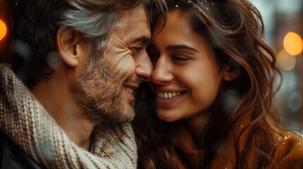 Fototapeta premium a couple in their 40s enjoying a happy, intimate moment together, symbolizing the successful connection they've found through online dating.
