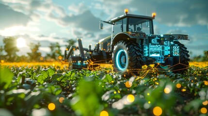 Futuristic Smart Farming: Tractor with Digital Interface in Field at Sunset. Generative ai