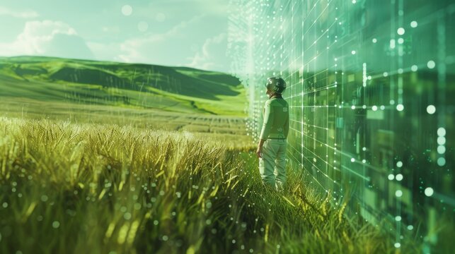 Futuristic Young Farmer Evaluates Digital Data in Smart Agriculture Field. Generative ai - Powered by Adobe
