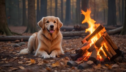 Large Brown Dog Relaxing by Campfire on Spring Evening. pet-friendly campgrounds, camping with dogs. Dog camping at campsites that allow pets