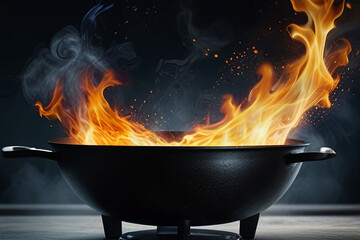 Freeze motion of a wok pan with flying ingredients and fire flames. Perfect for dynamic cooking, culinary arts 