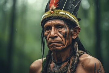 Obraz premium Elderly native man from Papua, Indonesia, amazon adorned in tribal attire, reflects the rich indigenous culture. in a feather headdress . Necklaces with tribe symbols 