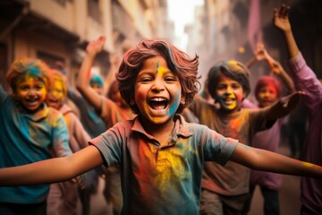 Fototapeta premium a group of children celebrating the Holi party in the street throwing colorful powder looking at each other 