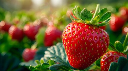 Ripe Dewy Strawberries on Plant. Generative ai