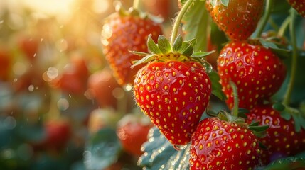 Ripe Dewy Strawberries on Plant. Generative ai - Powered by Adobe