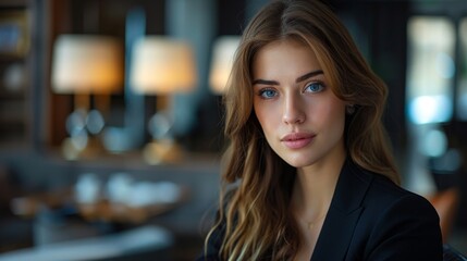 Fototapeta premium beautiful woman in black suit, blue eyes, long hair, restaurant background