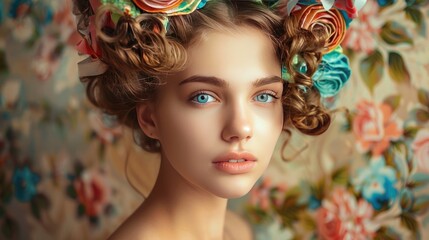 Naklejka premium woman with curlers on her head selective focus