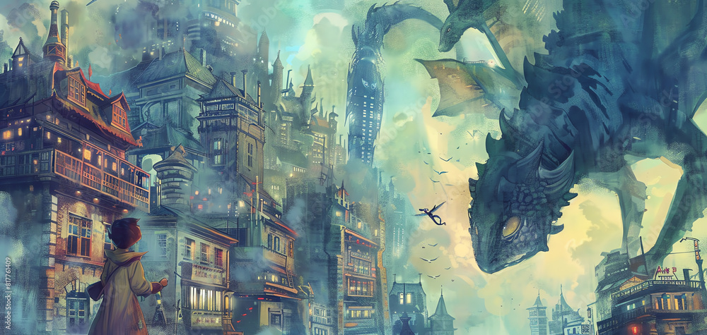 Poster transport viewers to a surreal urban environment where mythical creatures interact with the cityscap