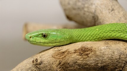 Close-up of a green mamba (Dendroaspis viridis) snake atop a rock