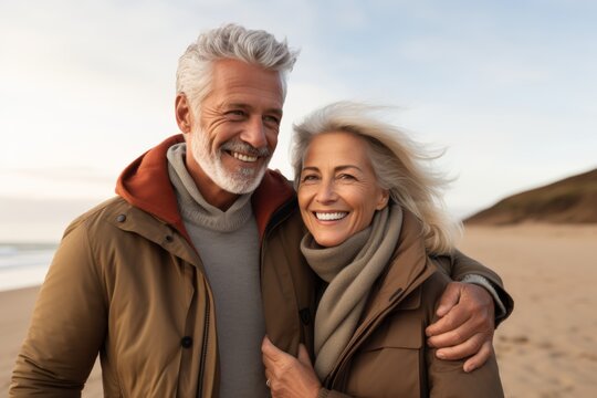a happy 65 year old couple walking on the beach holding each other on a clear autumn day 