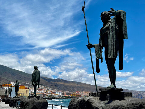 Plaza de la Patrona de Canarias with Guanches statues. Candelaria, Tenerife Island, Spain. Blue sky