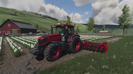 Fototapeta premium Red tractor on farmland with blooming crops