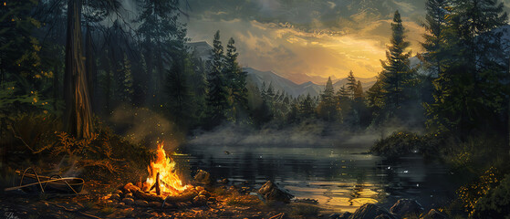 Capture the essence of wilderness camping in a culinary art painting