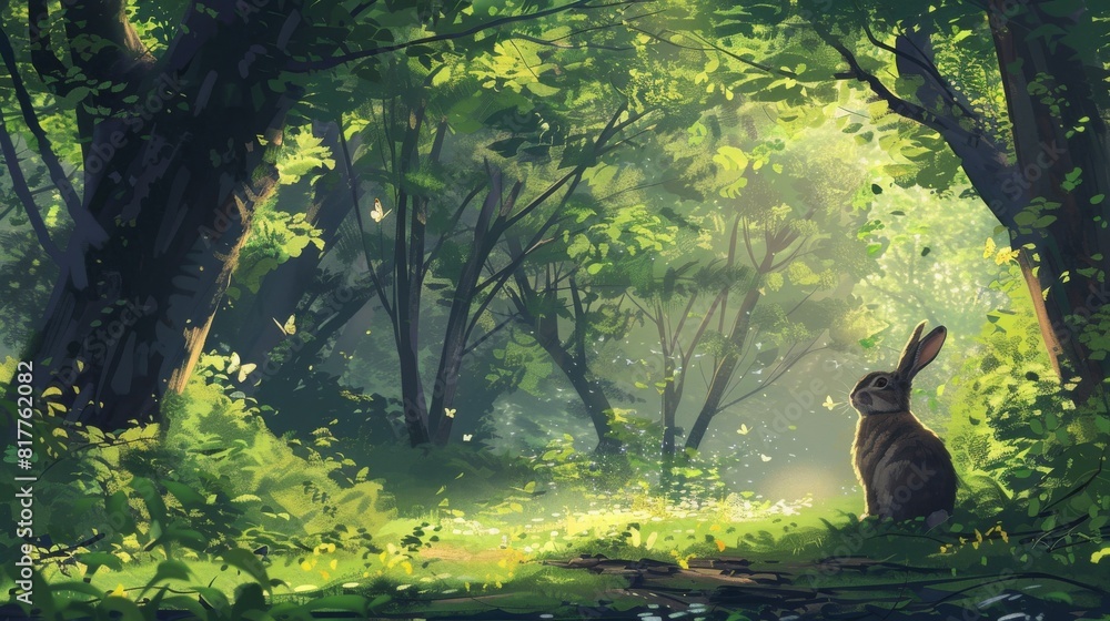 Poster a rabbit is sitting in a forest with butterflies flying around