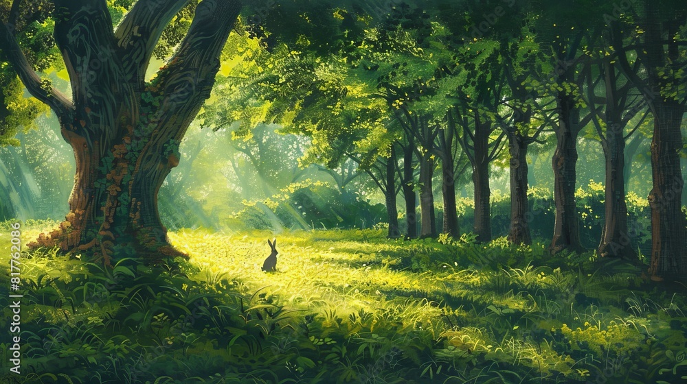Aufkleber A rabbit is sitting in the grass in front of a large tree. The scene is peaceful and serene, with the sun shining through the trees and casting a warm glow on the grass