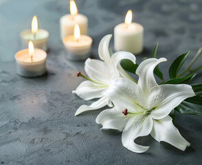 Christianity wooden cross with white lilies on a black background with copy space. Holy easter