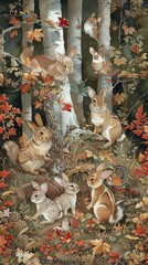 A group of rabbits are gathered around a tree in a forest. Scene is peaceful and serene, as the rabbits seem to be enjoying their time in the woods