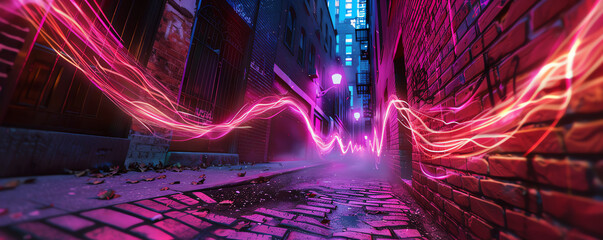 Zoom into a gritty alley where a rebellious street artist wields glowing digital spray cans