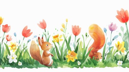 A kawaii watercolor of a lively spring meadow featuring playful squirrels among vibrant tulips and...