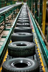 conveyor with automobile wheels. selective focus