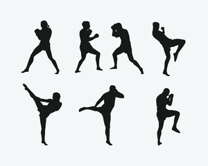 Muay Thai, kickboxing vector silhouettes set on white background. Different action, pose. Martial arts, sport. Graphic illustration.