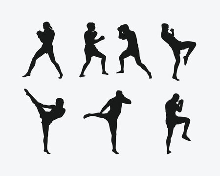 Muay Thai, kickboxing vector silhouettes set on white background. Different action, pose. Martial arts, sport. Graphic illustration.