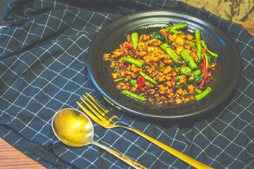 thai basil and mince chicken with long beans stir fry