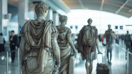 Antique Greek and Roman statues travel with suitcases. Sculptures of travelers at the airport.