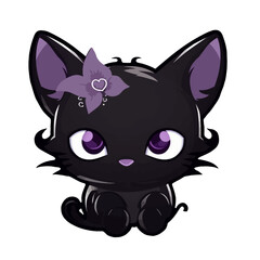 Black Cat in Witch Hat Holding Pumpkin. Black Cat With Purple Eyes and Bow