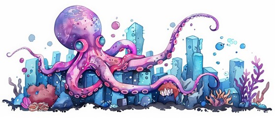 A kawaii watercolor of a neonlit octopus weaving through underwater city ruins, Clipart isolated on white