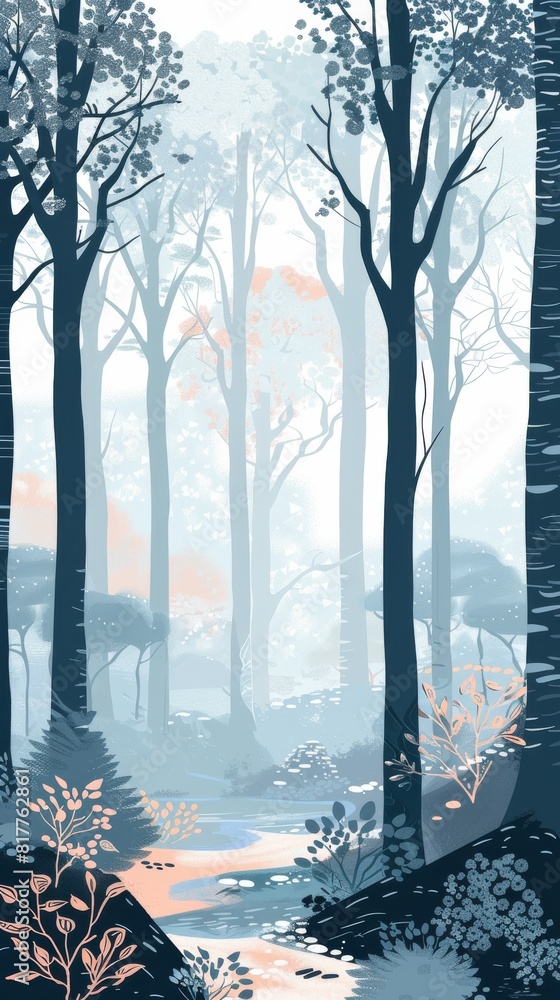 Poster a forest scene with a river running through it. the trees are tall and the sky is blue