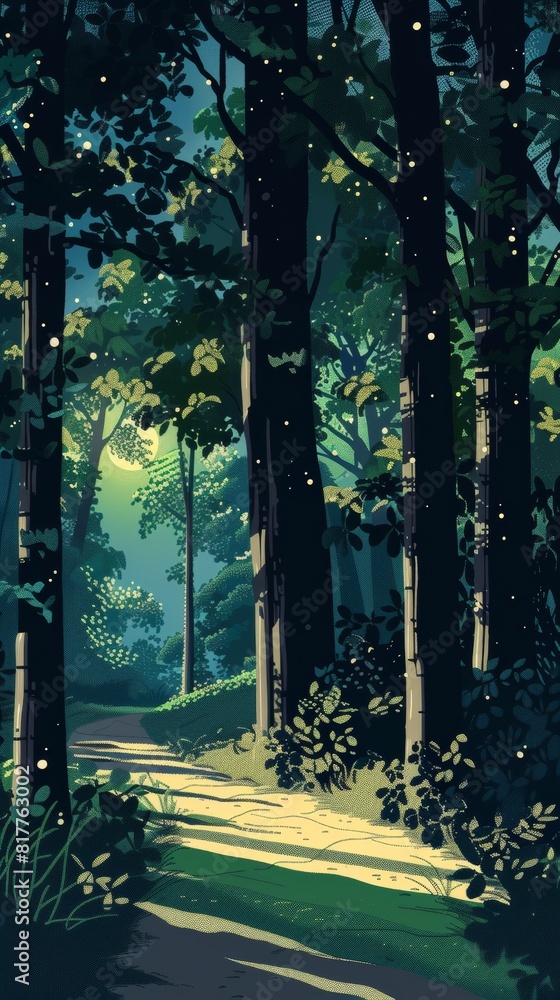 Poster a forest with a path leading through it. the trees are tall and the leaves are green. the sky is blu