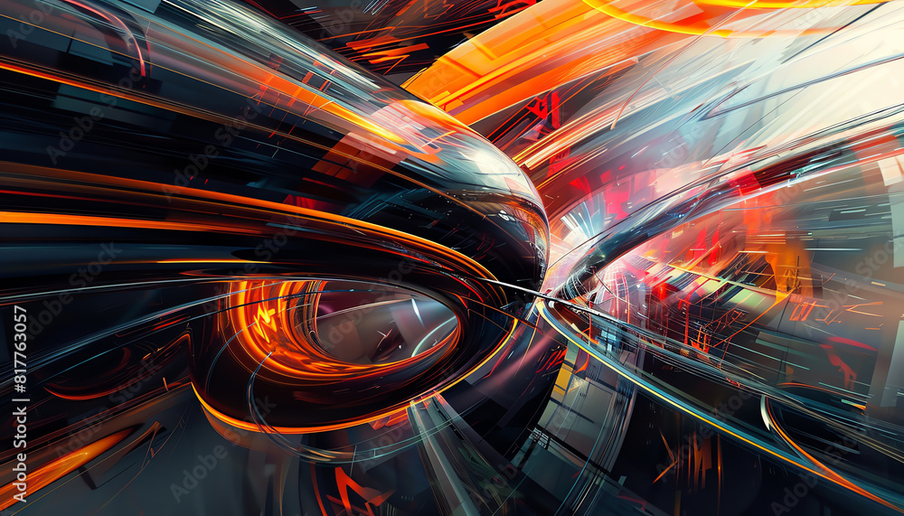 Poster capture the sleek lines of futuristic technologies in a dynamic, eye-level angle, merging abstract a