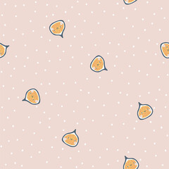 Fig character seamless pattern with smiley face fruit on a polka dot background. Hand-drawn cartoon doodle in simple naive style. Vector illustrations in a pastel palette for kids.