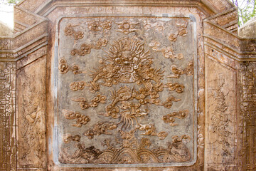 Detail Of Dragon Carving On Wall Screen At Mausoleum Of Dong Khanh Emperor In Hue, Vietnam. Mausoleum Of Dong Khanh Emperor Is A One Of The Relics Of Hue Citadel Complex.