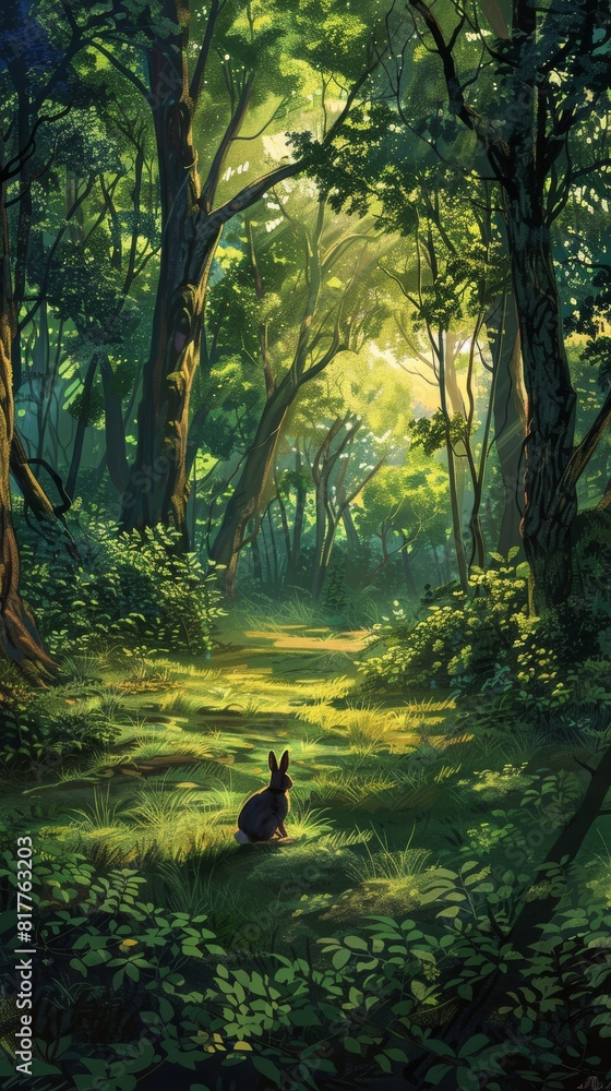 Poster a rabbit is sitting in the grass in a forest. the scene is peaceful and serene, with the rabbit look