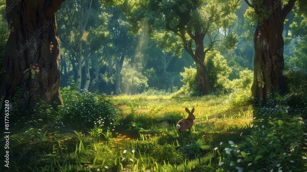 Poster a rabbit is in a lush green forest with sunlight shining through the trees. the scene is peaceful an