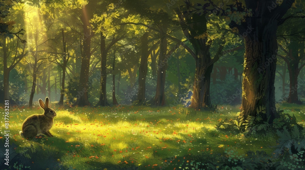 Poster a rabbit is sitting in a field of grass. the sun is shining brightly, casting a warm glow on the sce