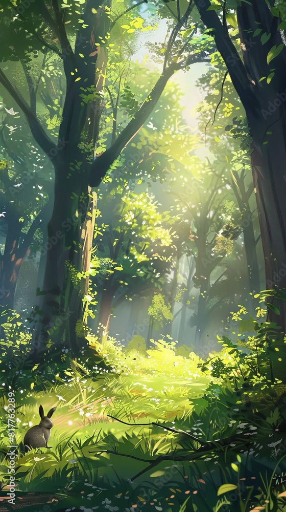 Poster A painting of a forest with a rabbit in the foreground. The mood of the painting is peaceful and serene, with the sunlight filtering through the trees and casting a warm glow on the scene