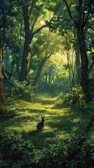 A rabbit is sitting in the grass in a forest. The scene is peaceful and serene, with the rabbit looking out into the distance