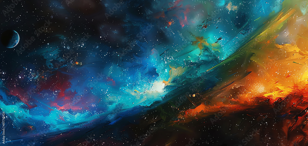 Poster capture the ethereal beauty of space exploration with an impressionistic twist show a cosmic scene f