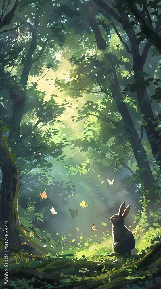 Poster A rabbit is sitting in a forest with butterflies flying around it